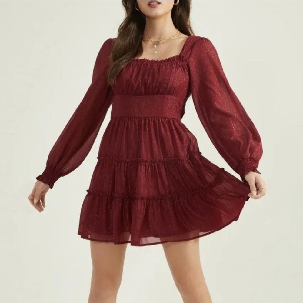 Altar'd State Maroon Coquette Cottagecore Long Sleeve Tiered Mini Dress Size XS